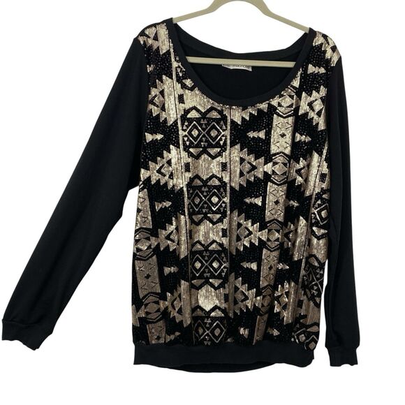Maurices Aztec Sequin Sweater Women Size 2X Black Gold scoopneck Pullover - Picture 1 of 11